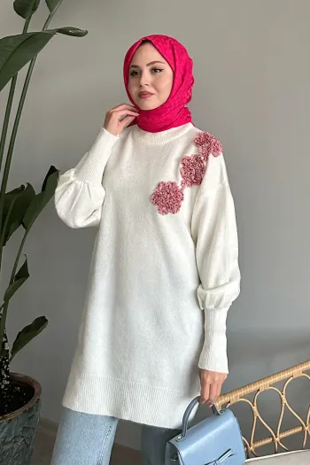 Soft White Sweater with Flower Design