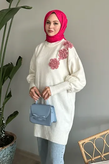 Soft White Sweater with Flower Design