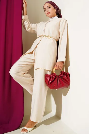 V-Necked Rope Belted Two-Piece Suit Beige