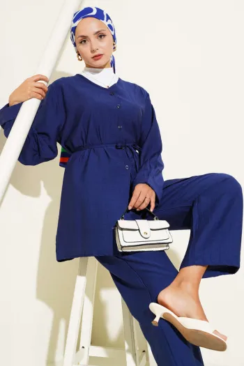 V-Necked Rope Belted Two-Piece Suit Navy Blue