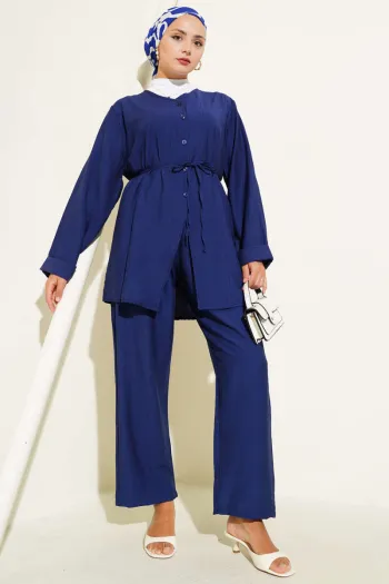 V-Necked Rope Belted Two-Piece Suit Navy Blue