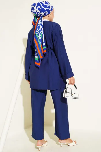 V-Necked Rope Belted Two-Piece Suit Navy Blue