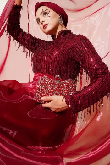 Sequined Tassel Evening Dress Burgundy