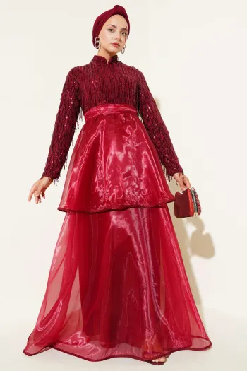 Sequined Tassel Evening Dress Burgundy