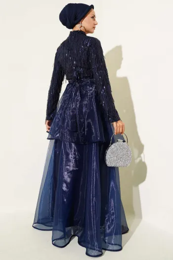 Sequined Tassel Evening Dress Navy Blue