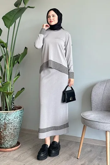 Gray Suit with Diagonal Striped Skirt