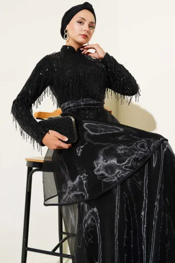 Sequined Tassel Evening Dress Black