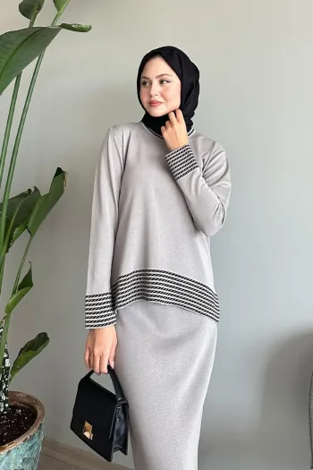 Gray Suit with Diagonal Striped Skirt