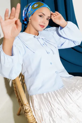Baby Blue Bow Collar Short Shirt