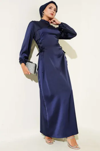 Satin Dress with Side Lace Detail, Navy Blue