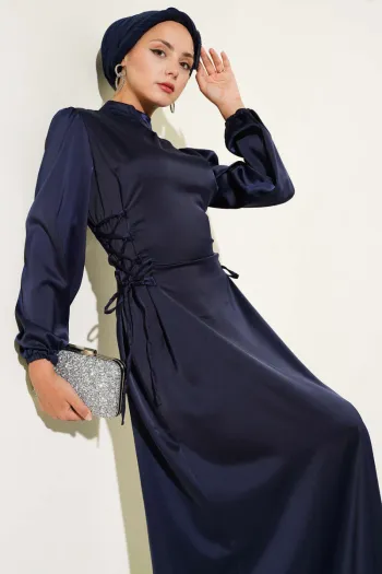Satin Dress with Side Lace Detail, Navy Blue