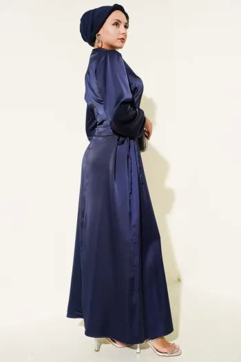 Satin Dress with Side Lace Detail, Navy Blue