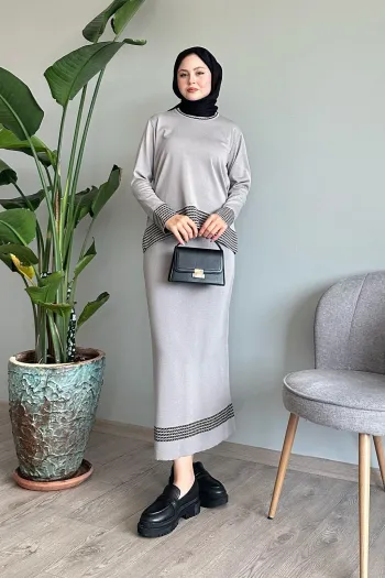 Gray Suit with Diagonal Striped Skirt