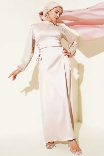 Satin Dress with Side Lace Detail, Beige