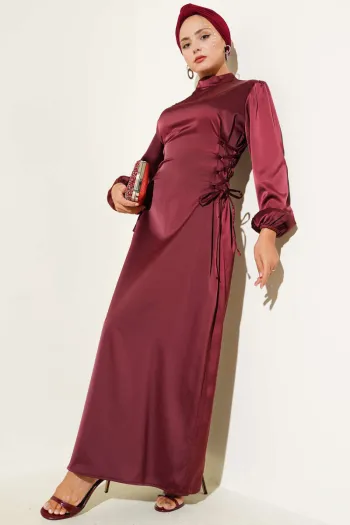 Satin Dress with Side Lace Detail, Burgundy