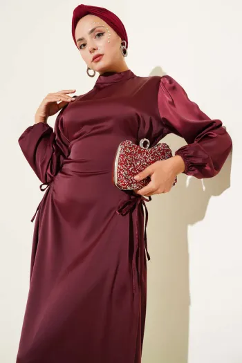 Satin Dress with Side Lace Detail, Burgundy