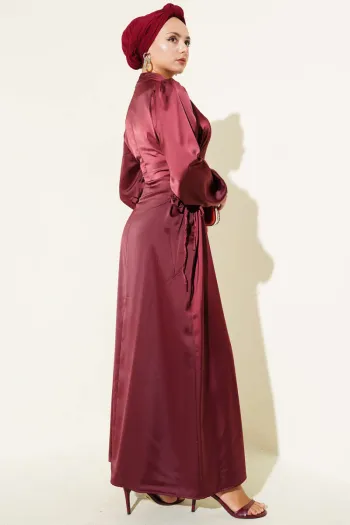 Satin Dress with Side Lace Detail, Burgundy
