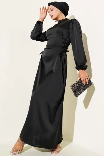 Satin Dress with Side Lace Detail, Black