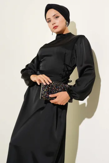 Satin Dress with Side Lace Detail, Black