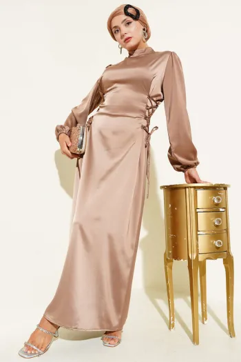 Satin Dress with Side Lace Detail, Brown