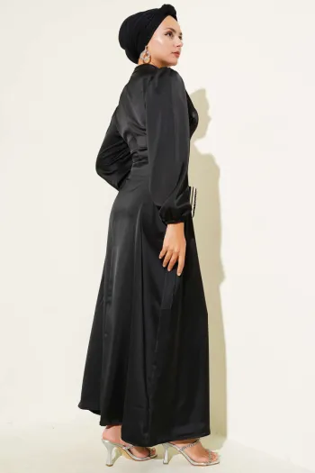 Satin Dress with Side Lace Detail, Black