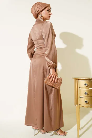 Satin Dress with Side Lace Detail, Brown