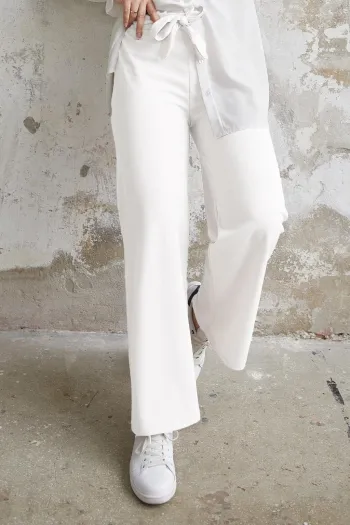 Belted Waist Loose Scuba Pants - White