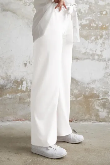 Belted Waist Loose Scuba Pants - White