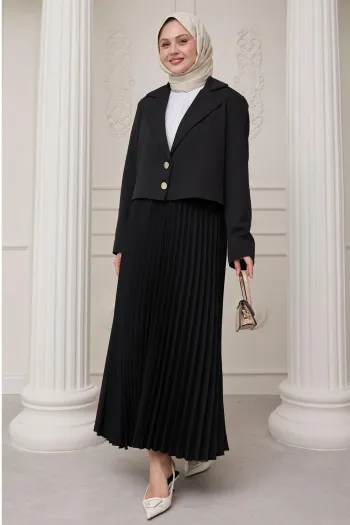 Black Suit with Two-Button Jacket and Pleated Skirt