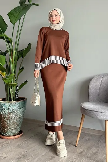 Stylish Brown Suit with Comfortable Striped Skirt