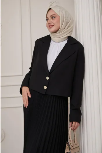 Black Suit with Two-Button Jacket and Pleated Skirt