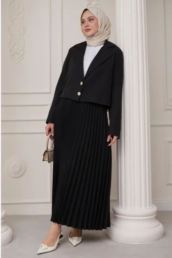 Black Suit with Two-Button Jacket and Pleated Skirt