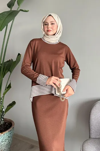 Stylish Brown Suit with Comfortable Striped Skirt