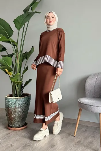 Stylish Brown Suit with Comfortable Striped Skirt