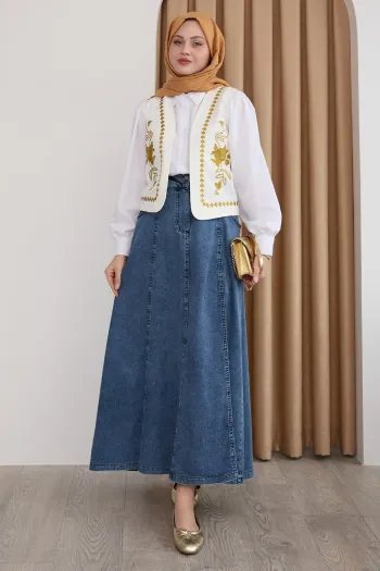 Embroidered Vest and Denim Skirt Yellow Three-Piece Suit