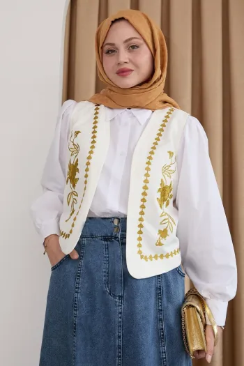 Embroidered Vest and Denim Skirt Yellow Three-Piece Suit