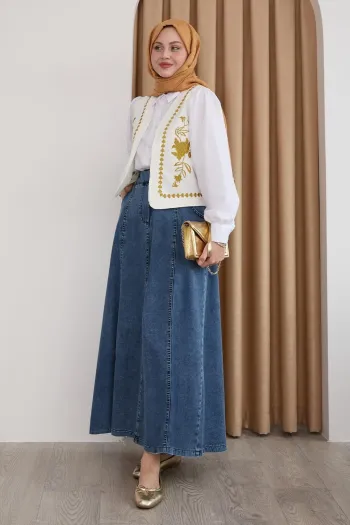 Embroidered Vest and Denim Skirt Yellow Three-Piece Suit