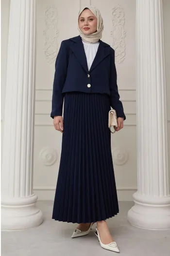 Navy Blue Suit with Two-Button Jacket and Pleated Skirt