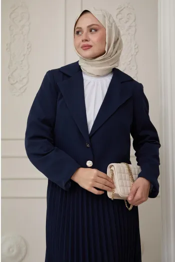 Navy Blue Suit with Two-Button Jacket and Pleated Skirt