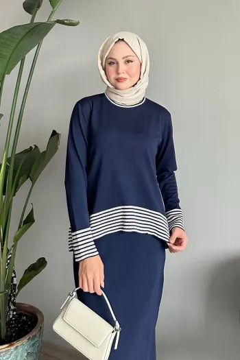 Navy Blue Suit with Striped Side Skirt