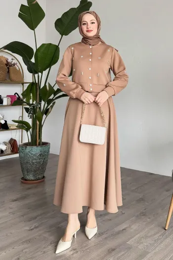 Beige Suit with Stoned Scuba Skirt