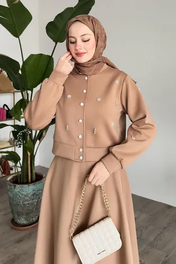 Beige Suit with Stoned Scuba Skirt