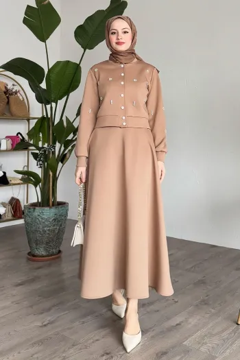 Beige Suit with Stoned Scuba Skirt
