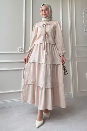 Crepe Beige Suit with Ribbon Lace Detail Skirt