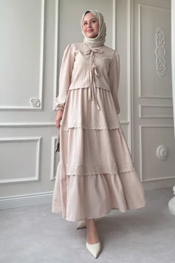 Crepe Beige Suit with Ribbon Lace Detail Skirt
