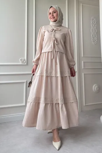 Crepe Beige Suit with Ribbon Lace Detail Skirt