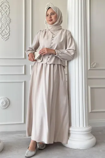Elastic Button Detailed Skirted Stone Suit