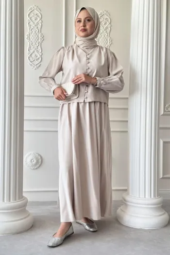 Elastic Button Detailed Skirted Stone Suit
