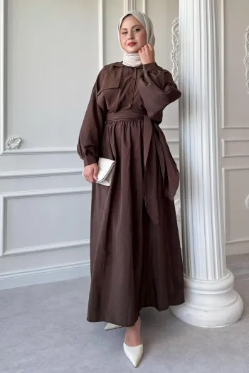 Double Pocket Balloon Sleeve Bitter Brown Skirt Suit