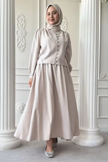 Elastic Button Detailed Skirted Stone Suit